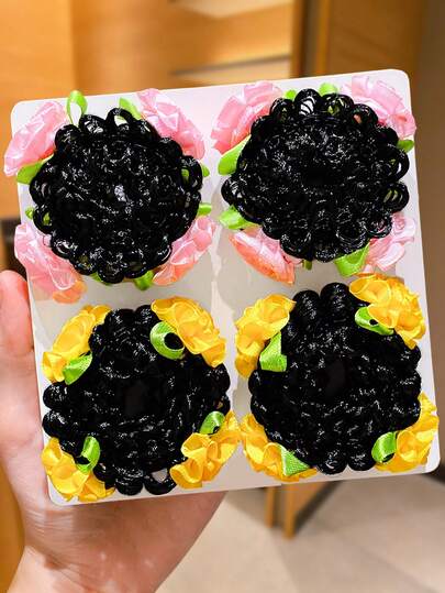 2pcs Spring New Colorful Flower Scrunchies, Cute Boho Style Fabric Flower Hair Scrunchies, Ponytail Holders, Suitable For Daily And Holiday Wear, Applicable For All Seasons