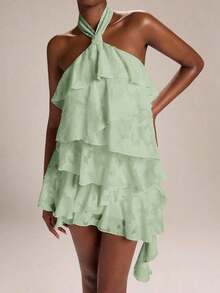 Vestido mini con cuello de halter, estampado de teñido anudado con flores rojas y volantes en el bajo, adecuado para fiestas, vacaciones, banquetes, bodas, salidas nocturnas, citas románticas, primavera/verano - verde menta - Ver 5