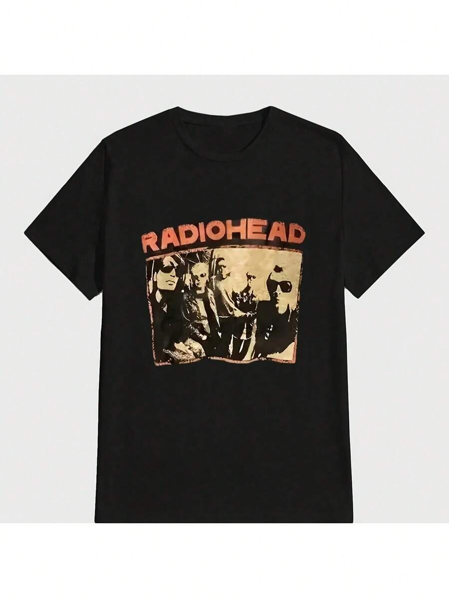 Camiseta de Algodón Unisex Payeah con Diseño Inspirado en Radiohead, Negra, con Foto Vintage de la Banda y Letras Rojas, 100% Algodón, Cómoda, Elegante, Casual, para Fanáticos de la Música - Negro - Ver 1