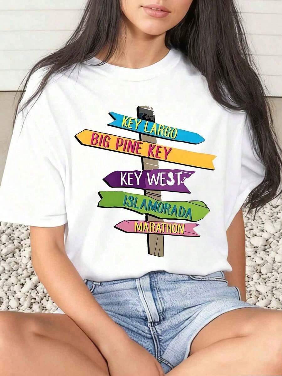 1 Piece Women's T-Shirt With Colorful Key West Sign Print, For Summer Vacation, Daily Wear, Round Neck, Short Sleeve, Soft And Comfortable, 220g/180g, 100% Cotton - 白色 - 查看 1