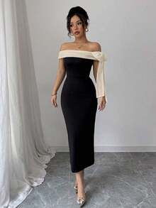Vestido largo elegante con hombros descubiertos y decoración de lazo - Negro 3 - Ver 5