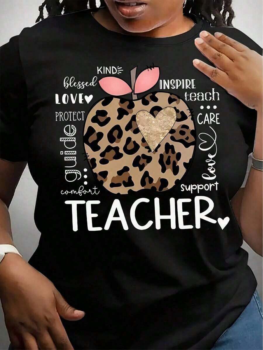 GiftTeacher Gratitude Themed Printed T-Shirt - Heart And Apple Pattern Design With "Gratitude, Care, Inspiration, Teaching, Support", Casual Short Sleeve Crew Neck T-Shirt, 100% Pure Cotton, All Seasons, Everyday Wear | Fun Pattern | Comfortable Fit, Teacher's Day Gift. Soft - 黑色 - 查看 1
