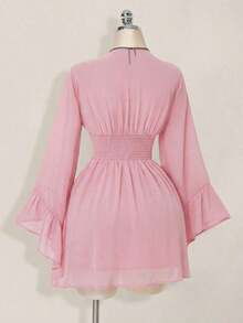 Vestido corto elegante de manga larga con cuello en V y cintura ceñida de unicolor para mujer - Rosa - Ver 10