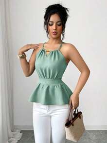 Chaleco ajustado sin mangas con diseño de cremallera y decoración de cuentas de madera con tirantes finos en color verde elegante para mujer, primavera/verano - Verde 2 - Ver 6