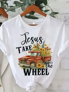 Women's Christmas Sweatshirts 2025 Christmas Gift, 1pc Casual Women's Local T-Shirt Jesus Takes The Wheel Truck Sunflowers 2D Flat Print, Short Sleeve 100% Crew Neck, Regular Oversize For All Seasons, 180G Fabric For Valentine's Day, 2D Flat Print - 白色 - 查看 1