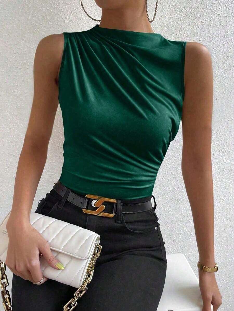 Camiseta sin mangas de corte slim con pliegues de unicolor minimalista para uso diario en verano para mujeres - Verde Oscuro - Ver 1
