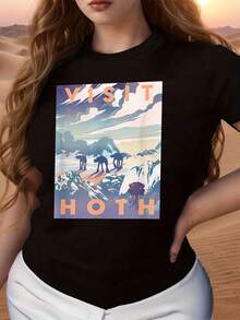 Frozen Landscape With Snowy Mountains And Mechanical Figures Walking Under A Colorful Sky That Conveys Adventure And Freedom. Comfortable And Modern Women's Short-Sleeved T-Shirt For Everyday Wear. - 黑色 - 查看 6