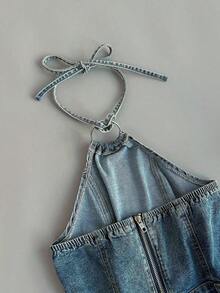 Mono vaquero de verano con cuello halter anudado, decoración de anillo redondo, para uso casual y de oficina - Azul - Ver 5