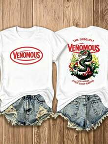 Double Sided Graphic Women's T-Shirt, Red Venomous Snake Floral Print, Classic Americana 100% Cotton Unisex Tee, Casual Everyday Summer Top - 白色 - 查看 12