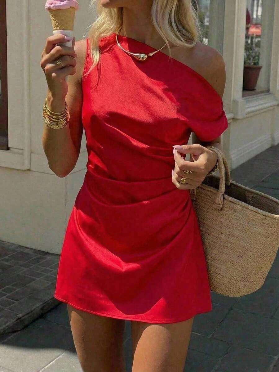 Nuevo vestido ajustado mini de color albaricoque con cintura fruncida y diseño asimétrico de hombro asimétrico que estiliza la figura - Rojo - Ver 1