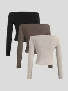 Conjunto de 3 piezas para mujer: Blusa de manga larga hombros descubiertos, blusas cortas entalladas, cómodas y amigables con la piel, versátil y estilizador - Multicolor 7 - Ver 2