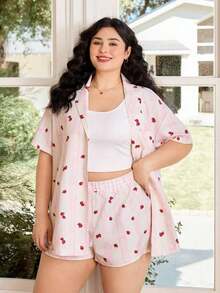 Conjunto de 2 piezas de talla grande con camisa de manga corta color fucsia y shorts - Multicolor - Ver 5