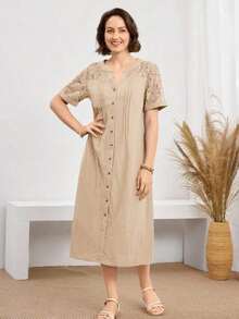 Vestido casual diario de encaje y parches para mujer, primavera y verano - Albaricoque - Ver 3