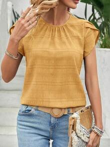 Blusa con manga de pétalos y parte trasera con cerradura y un solo color - Amarillo - Ver 6
