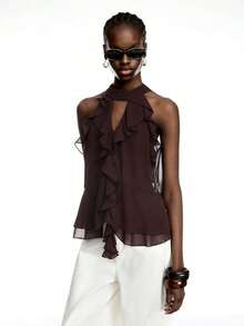 Elegant Solid Color Halter Top With Ruffles For Women - 全穀類咖啡 - 查看 7