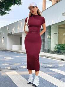 Vestido De Punto Ajustado Y De Medio Manga - Burdeos - Ver 4