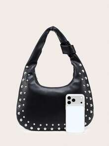 Tas Bahu Bulan Sabit Wanita, Bahan PU, Kapasitas Besar, Dekorasi Kancing, Gaya Vintage, Cocok Untuk Bepergian dan Jalan-jalan - Hitam - View 3