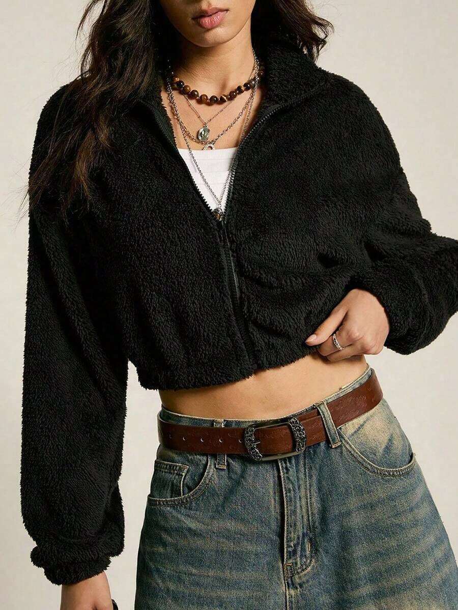 Drop Shoulder Zip Up Teddy Jacket Fall Winter Cloth For Women - Negro - Ver 1