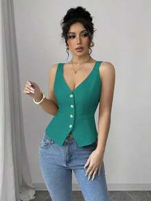 Camiseta sin mangas de un solo pecho de unicolor casual para mujer - Azul - Ver 5