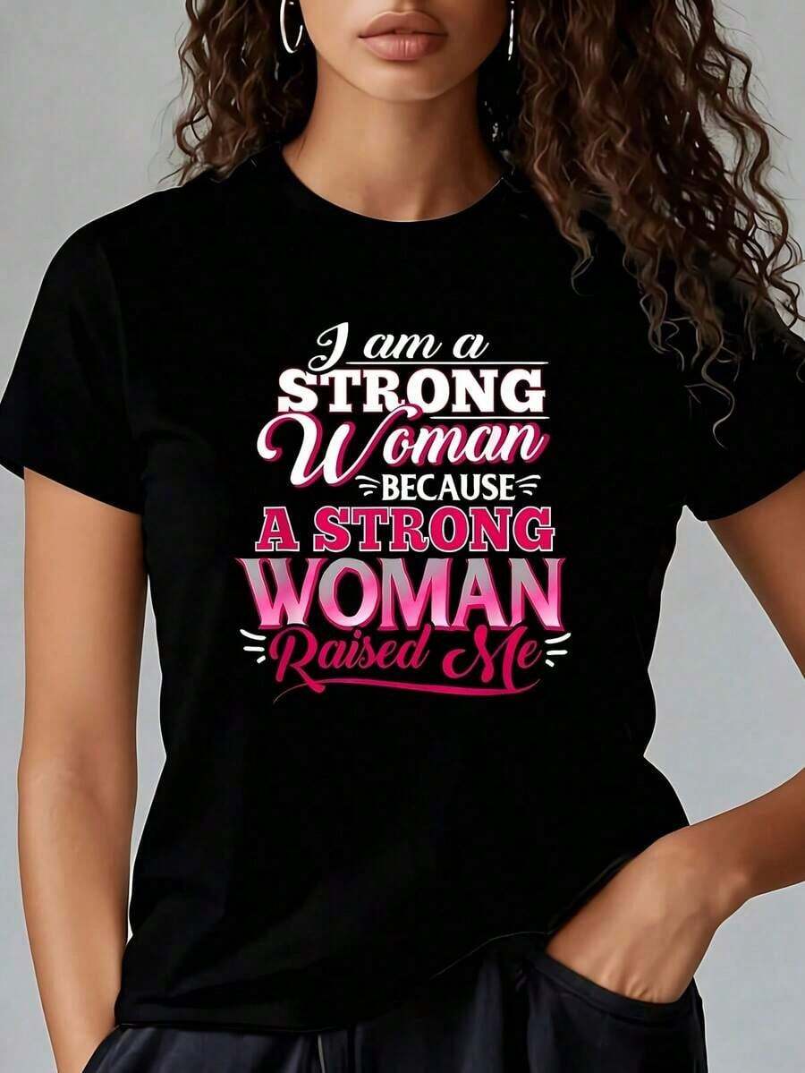 "I Am A Strong Woman" Bold Pink White Text 1 Pcs Women's Plus Size T-Shirt Funny Oversized Graphic Short Sleeve Tee Novelty 100% Polyester 220g Shirt Casual Crew Neck Top - 黑色 - 查看 1