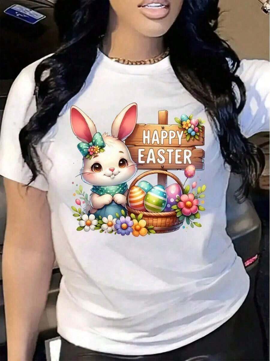 1 Piece 2026 New Arrival Women's Casual T-Shirt With Easter Bunny And Egg Floral Print - Short Sleeve, Round Neck, Spring Summer Top, Machine Washable, Festive Gift, Holiday Outfit, Cartoon Rabbit Design, Non-See-Through Fabric, Fashionable Women's T-Shirt 180g 100% Cotton - 白色 - 查看 1