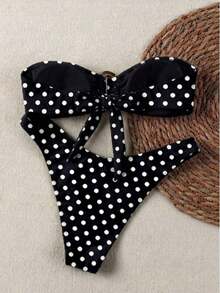 Nuevo conjunto de bikini negro sólido, sexy, elegante, casual, para playa, vacaciones y citas, sin tirantes, para primavera/verano - Blanco y Negro - Ver 2