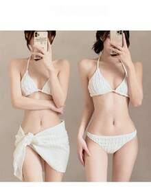 Nuevo Bikini Sexy de Tres Piezas Estilo Ins 2026 con Sensación Avanzada y Efecto Adelgazante para Vacaciones en la Playa - BLANCO - Ver 3