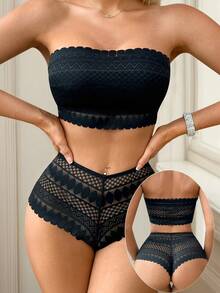 Nuevo producto: Conjunto de ropa interior azul sin anillo de acero sin tirantes de encaje de 2 piezas para fiesta y playa para mujer que se puede usar afuera J3440 - Negro - Ver 1