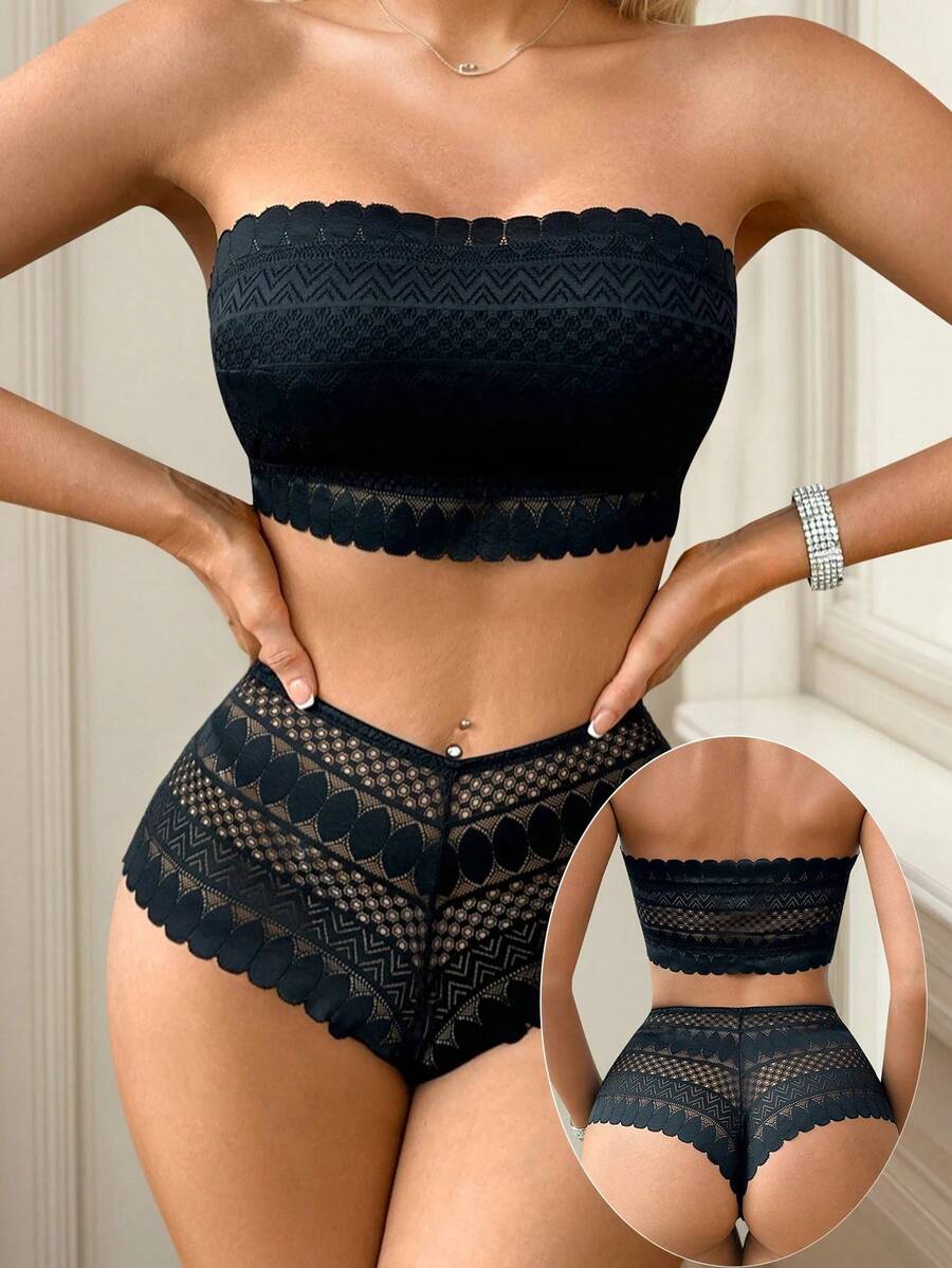 Nuevo producto: Conjunto de ropa interior azul sin anillo de acero sin tirantes de encaje de 2 piezas para fiesta y playa para mujer que se puede usar afuera J3440 - Negro - Ver 1
