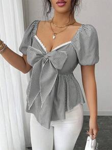 Nueva llegada Blusa casual de uso diario para mujer con diseño minimalista, cuello cuadrado, lazo en la cintura y rayas azul francés y blancas - Negro - Ver 6