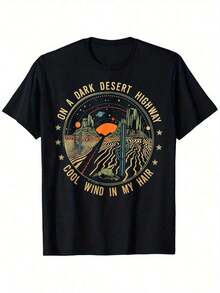 Casual Basic Retro Desert Road Style T-Shirt With The Phrase "The Wind Caresses My Hair," Casual Style, Crew Neck, Regular Fit, Short Sleeves, Suitable For All Seasons. Romwe T-Shirts - 黑色 - 查看 7