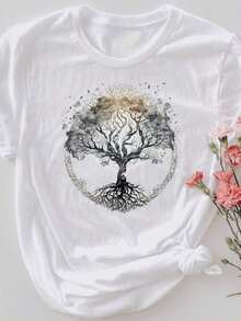 Ropa casual para mujer Siren Gazeb, camiseta unisex de manga corta con una pintura en acuarela del Árbol de la Vida, perfecta para amantes de la naturaleza y admiradores de los árboles sagrados. Blusa estilo los años 2000, blusas casuales para mujer. - Blanco - Ver 7