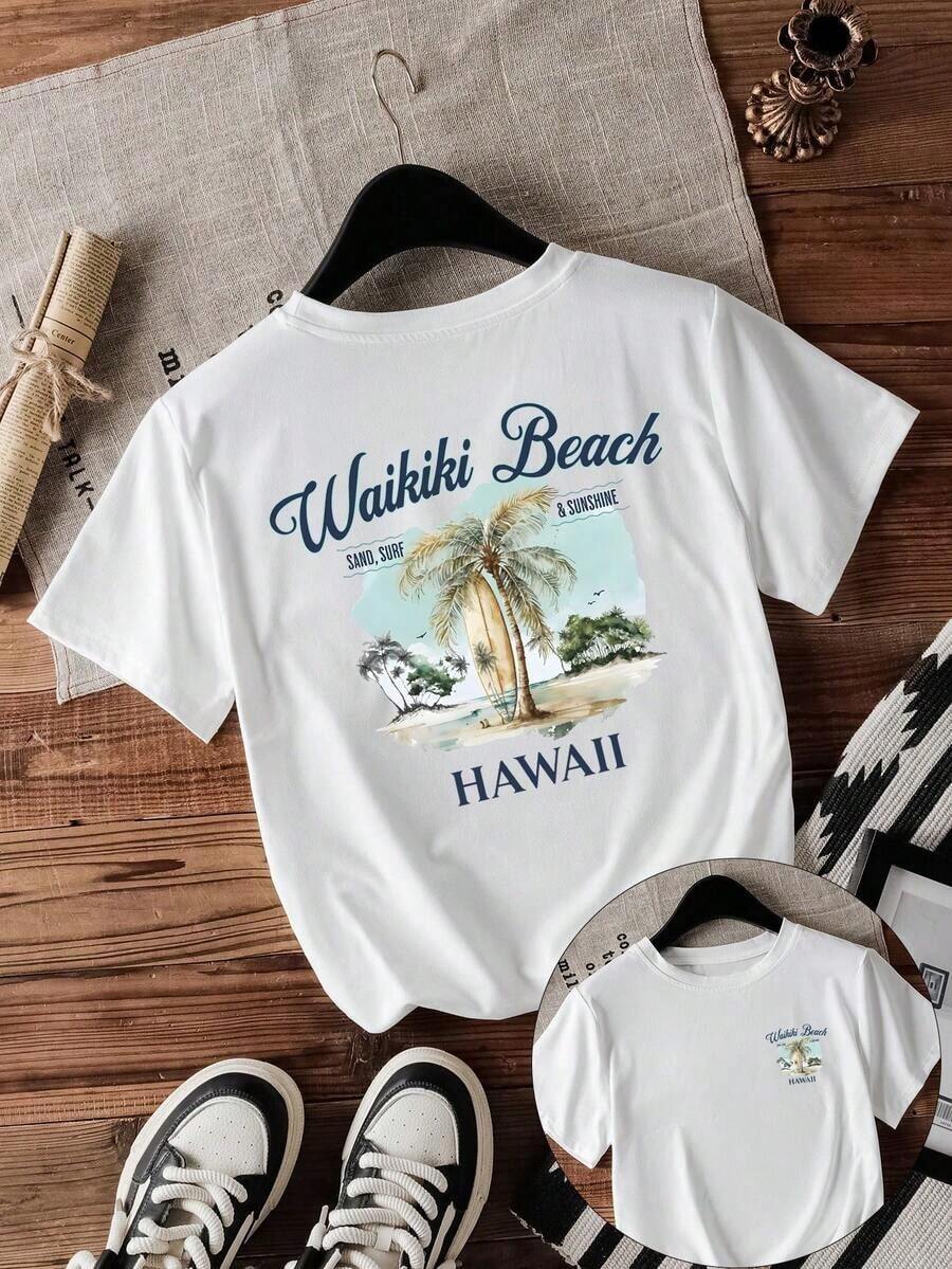 Camiseta de Verano para Mujer con Estampado de Palmeras y Surf, Ideal para Vacaciones en la Playa, Cuello Redondo, Manga Corta, Uso Casual Diario, 100% Algodón - Blanco - Ver 1
