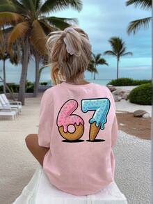 Girls' Loose-Fitting Round Neck T-Shirt, Pink With Donut And Ice Cream Print "67" On The Front And Back, Breathable Casual T-Shirt For Everyday, School And Beach Wear. - 粉色 - 查看 2