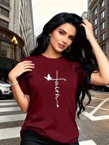 The "Faith" Design Incorporates Christian Cross And Butterfly Prints, Which Are Stylish And Fashionable. This Simple, Casual, And Versatile Women's Short-Sleeved T-Shirt With A Round Neck Is Suitable For Leisure, Travel, Vacations, And Other Activities. Made From Pure Summer Cotton. - 紅色 - 查看 7