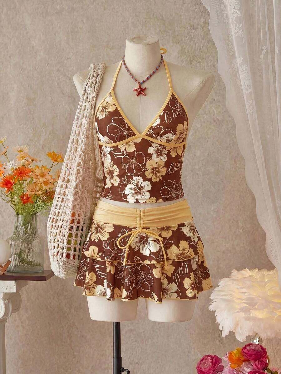 Conjunto de 3 piezas de mujer para primavera/verano: falda/túnica con estampado floral, bloque de color, lazo y volantes para festivales de música en la playa - Multicolor 3 - Ver 1