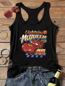 One Y2K Fashion Sleeveless Tank Vest T-Shirt With "Cars" Print | Cool Summer, Crew Neck Casual Top, Disney Genuine License, Spring Summer, Women's, Multiple Sizes And Colors Available - màu đen - Xem 1