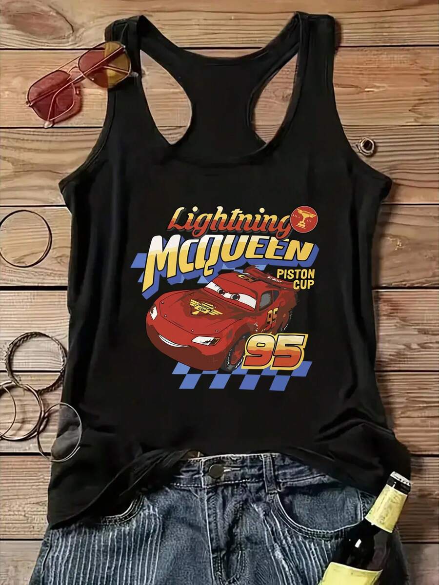 One Y2K Fashion Sleeveless Tank Vest T-Shirt With "Cars" Print | Cool Summer, Crew Neck Casual Top, Disney Genuine License, Spring Summer, Women's, Multiple Sizes And Colors Available - màu đen - Xem 1