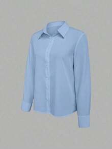 Camisa de mujer casual de manga larga a rayas con un solo abotonado - Azul - Ver 4