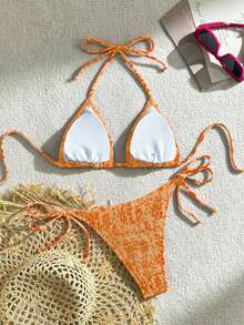 Swim Mod Conjunto de bikini sexy para mujer con estampado floral de verano, copa push-up y cuello halter con lazo - Naranja - Ver 2