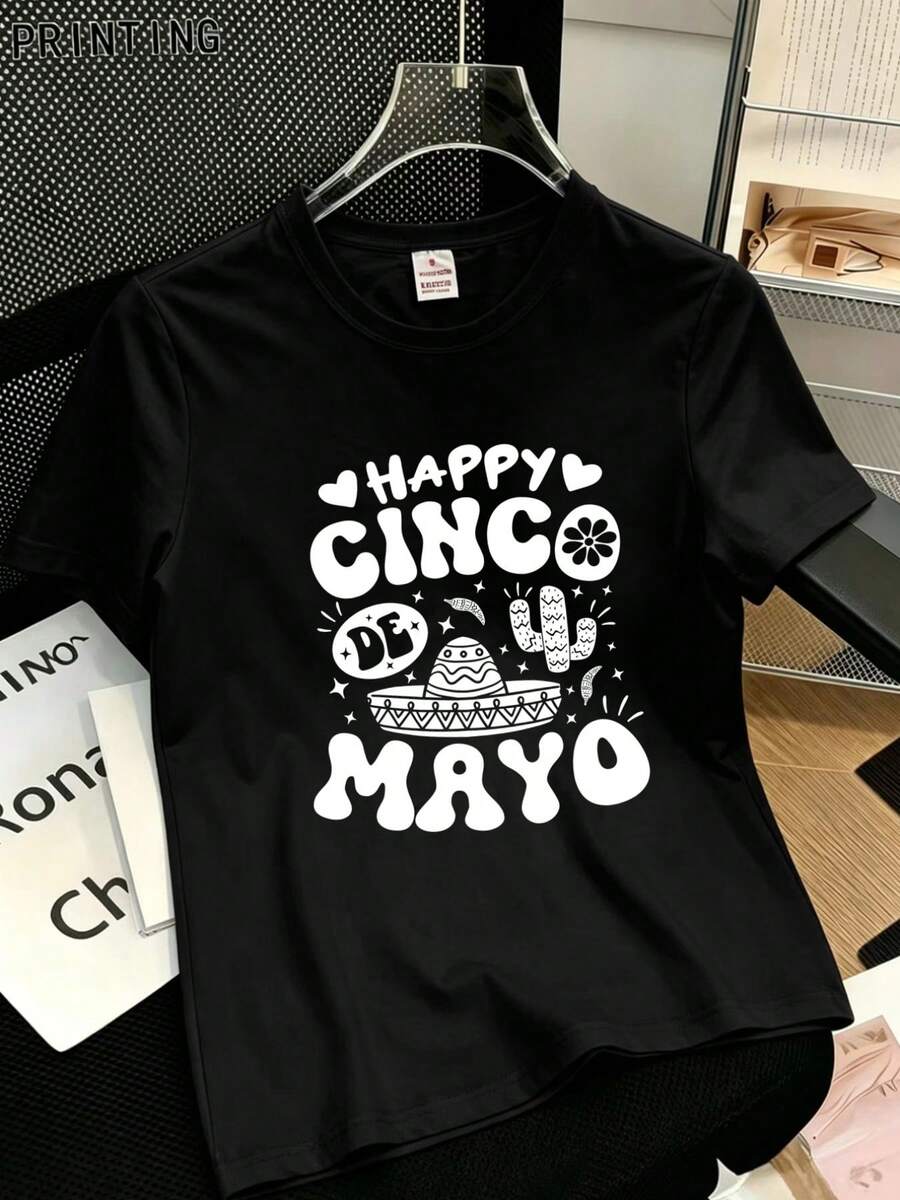 Women's Short-Sleeved T-Shirt, New Summer 2026 Collection, Casual And Versatile Style, Fashionable Round Neck T-Shirt, New And Original Design, Printed With Custom Print Of The HAPPY CINCO DE MAYO Festival, Mexican Style Design With Letter Pattern Print - 黑色 - 查看 1