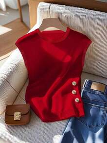 Camiseta casual de verano de unicolor para mujer, versátil, con decoración de botones - Rojo 2 - Ver 1
