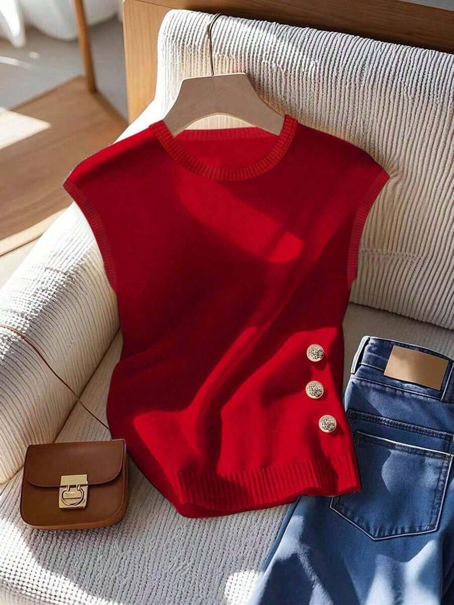 Camiseta casual de verano de unicolor para mujer, versátil, con decoración de botones - Rojo 2 - Ver 1