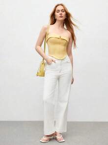 Camiseta de tirantes con detalle de pliegue para mujer, apta para uso urbano y casual de negocios, top básico adecuado para Navidad, Halloween, fiestas y atuendo de invitada a bodas - Amarillo - Ver 2