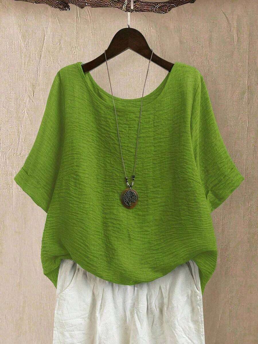 CURVE Blusa casual/diaria/de salida/simple/para viajar de manera relajada/que ilumina, de cuello redondo, de color verde pradera texturizada, talla grande, para primavera/verano - Verde Oliva - Ver 1