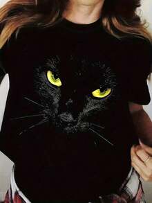 100% Cotton. Unique Y2K Design T-Shirt With A Striking Black Cat Print And Vibrant Yellow Eyes, Highlighting Your Bold Style. Ideal For Fashion Lovers And Urban Culture Enthusiasts, Add A Special Touch To Your Clothing Collection. Now Available In Mexico. - 黑色 - 查看 1