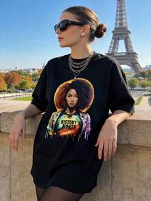 Women's Clothing, Soft And Casual Cotton Summer T-Shirt With Round Neck, Letter Print Pattern Featuring The African American Female Figure And History Month. Color: Black. - 黑色 - 查看 3