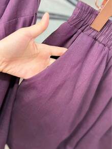 Linen Shirt And Shorts Set (2 Pieces), Lined With Elastic. - Purple - View 4