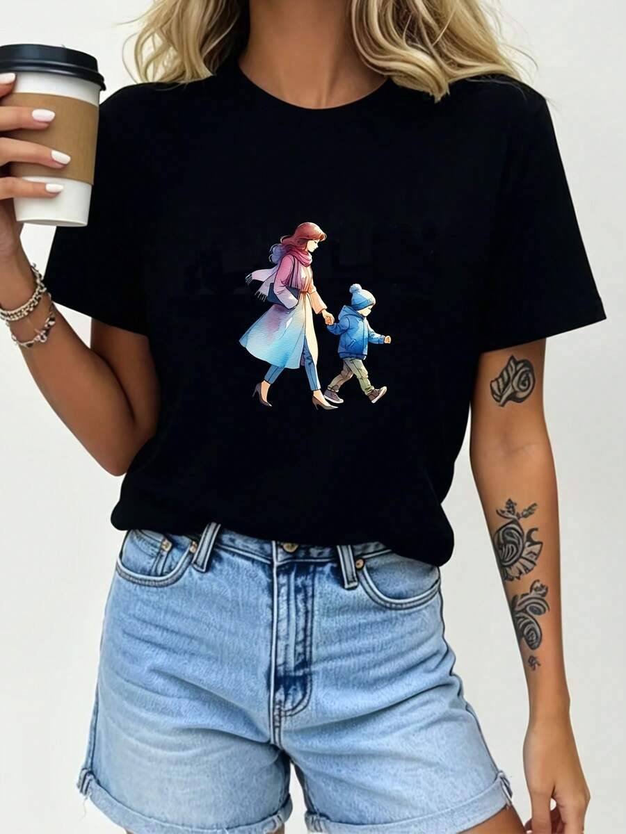 Camiseta con Estampado de Amor Familiar Mexicano para Mujer - Perfecta para el Día de la Madre, Conjuntos Familiares y Regalos para Actividades de Team Building, Camisetas Ligeras y Cómodas, Camiseta de Algodón, Moda Verano - Negro - Ver 1