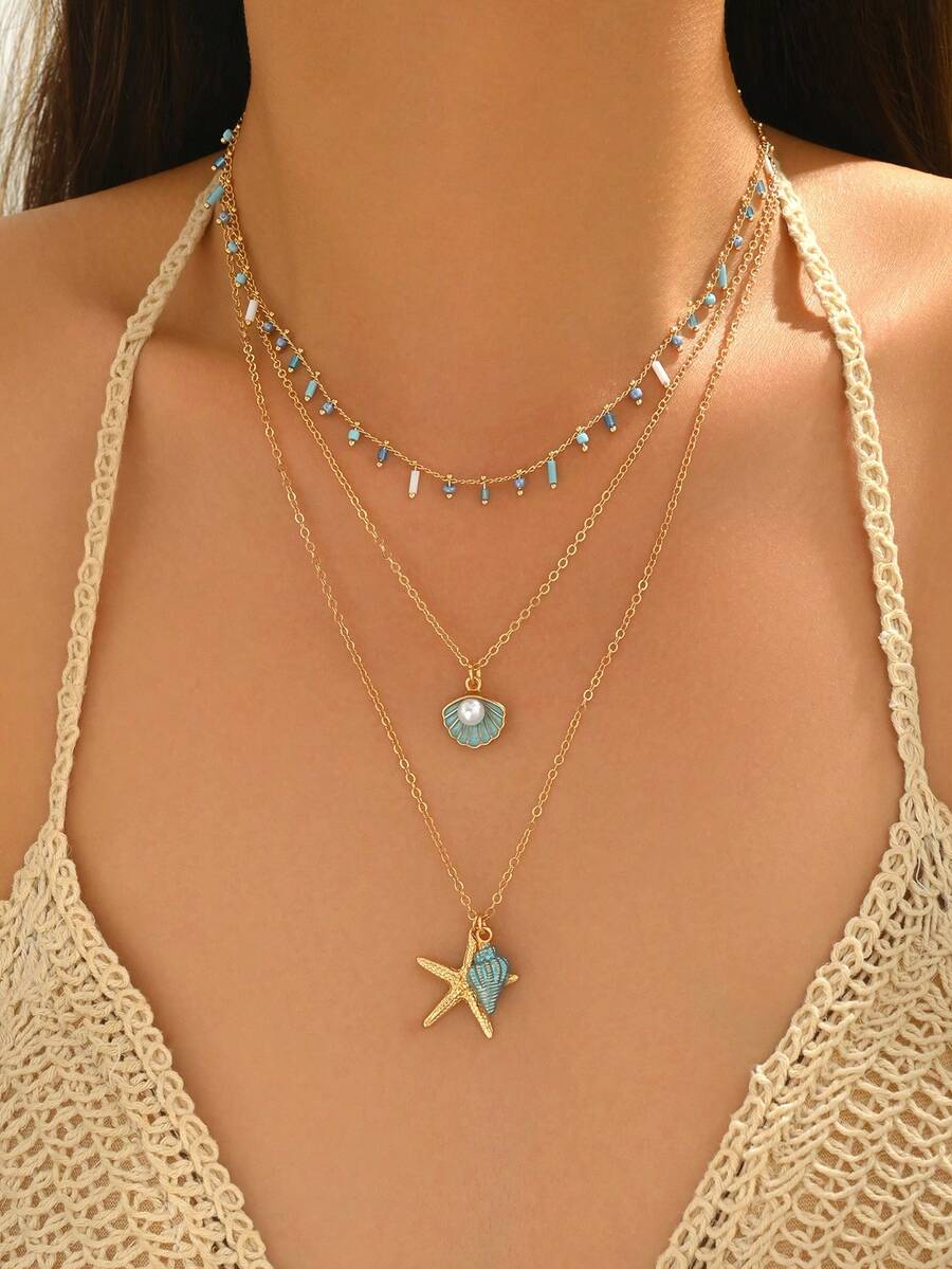 Bộ 3 dây chuyền hạt cườm phong cách Bohemian màu xanh dương và trắng, mặt dây chuyền hình vỏ sò và sao biển chủ đề đại dương, thích hợp để đeo hàng ngày, đi nghỉ mát ở bãi biển và dự tiệc. - Nhiều màu - Xem 1